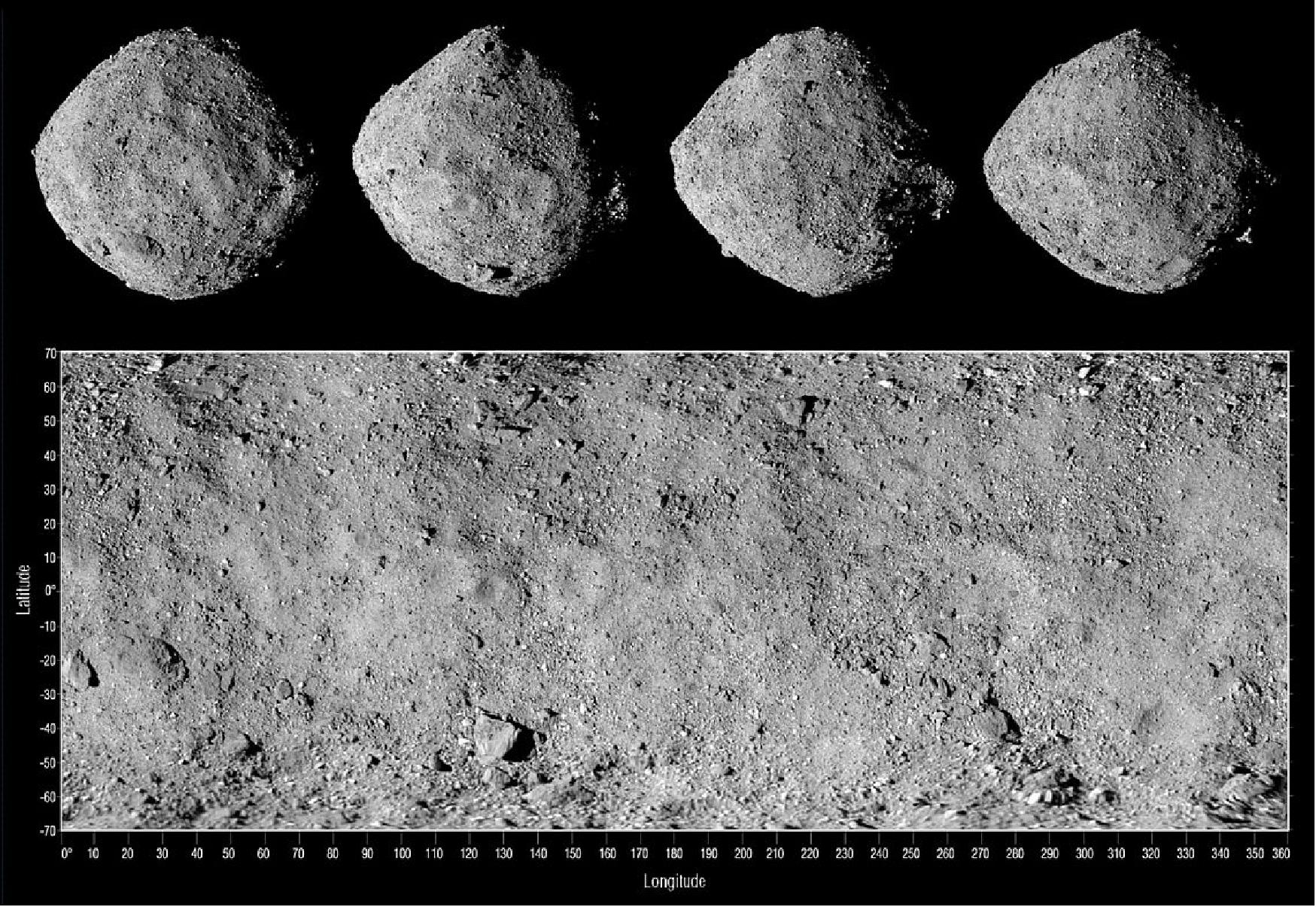 Figure 20: This image shows four views of asteroid Bennu along with a corresponding global mosaic. The images were taken on Dec. 2, 2018, by the OSIRIS-REx spacecraft’s PolyCam camera, which is part of the OCAMS instrument suite designed by UArizona scientists and engineers (image credit: NASA/Goddard/University of Arizona)