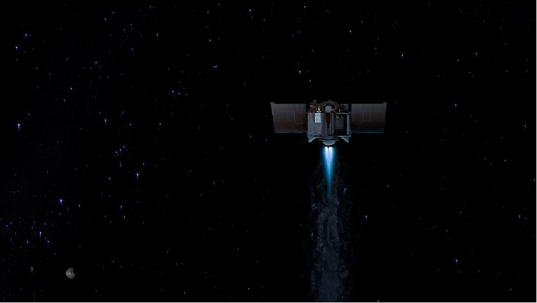 Figure 19: This illustration shows the OSIRIS-REx spacecraft departing asteroid Bennu to begin its two-year journey back to Earth (image credits: NASA/Goddard/University of Arizona)