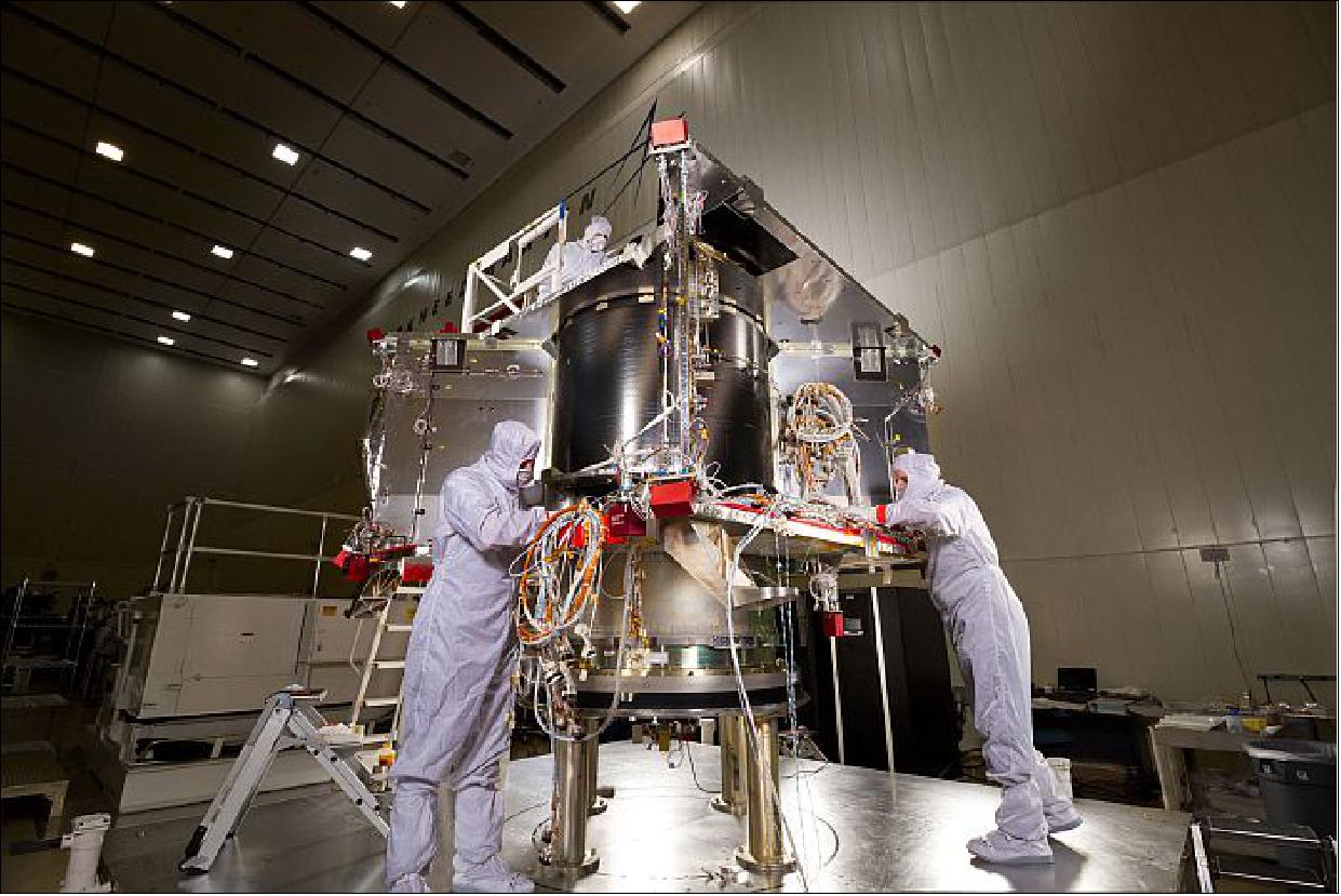 Figure 7: In a clean room facility of Lockheed Martin near Denver, technicians began assembling the OSIRIS-REx spacecraft (image credit: Lockheed Martin Corporation, Universe Today) 21)