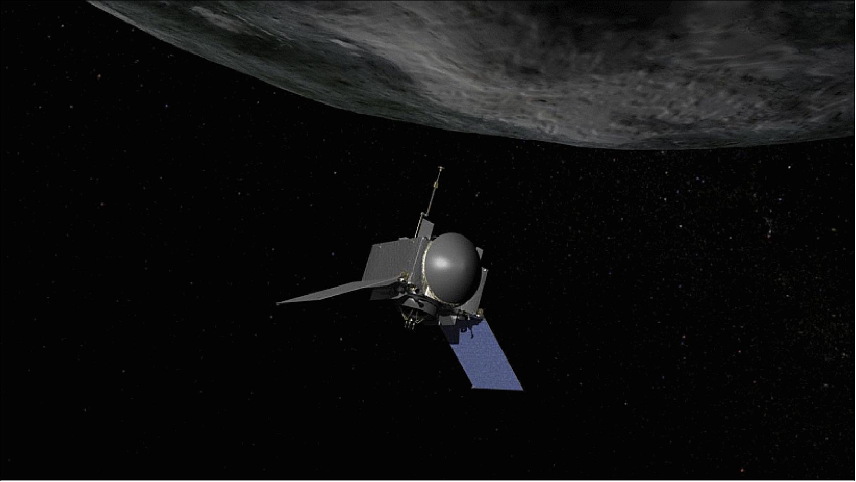 Figure 3: Artist's rendition of NASA's OSIRIS-REx spacecraft preparing to take a sample from asteroid Bennu (image credit: NASA)