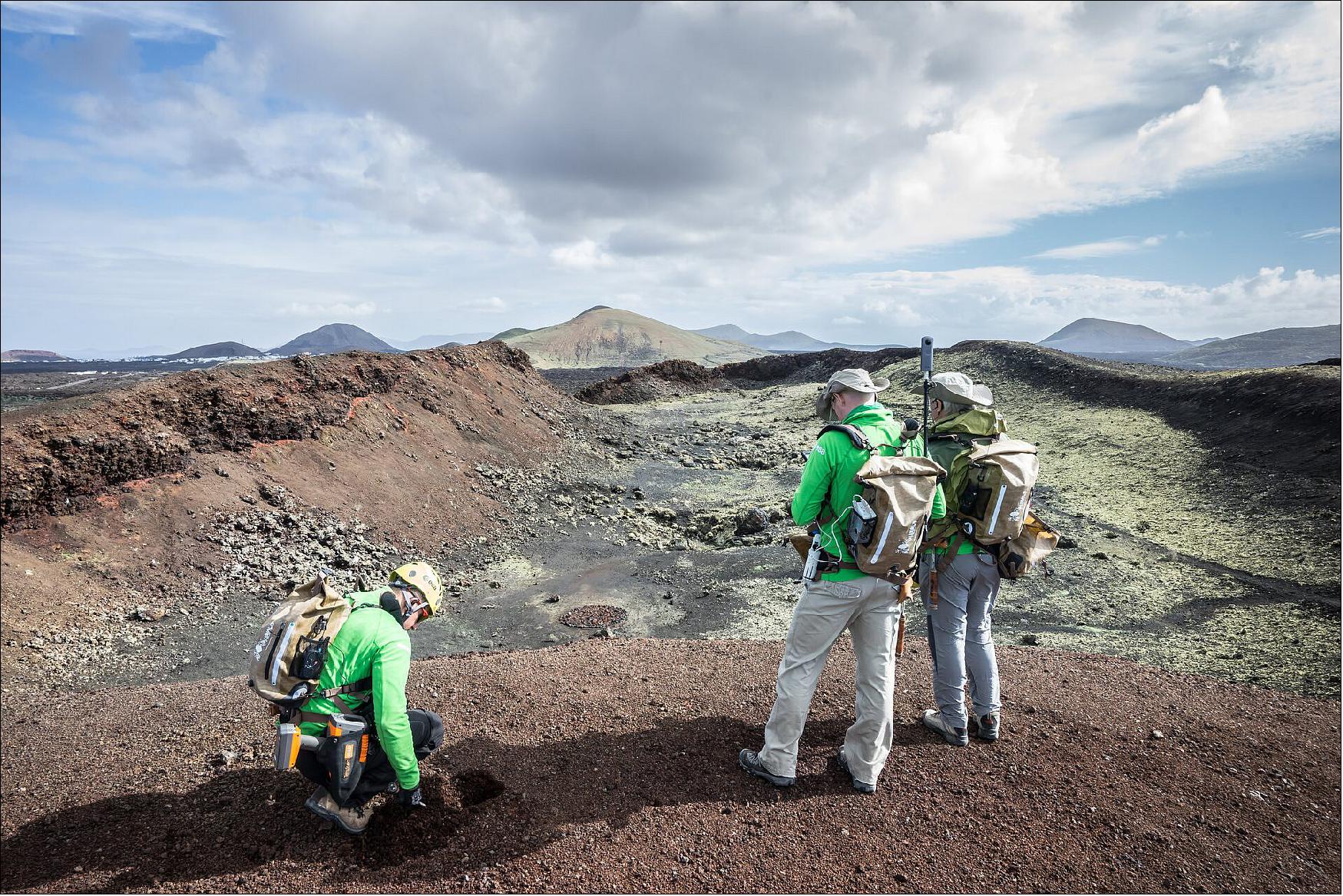 Figure 5: Standing at the rim of this volcanic edifice, the Pangaea field team stops to take a 360º panoramic photo to show the remote science team at ground control (image credit: ESA, A. Romeo)