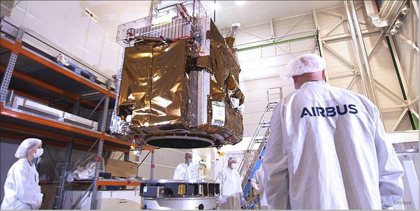 Figure 5: Scheduled to launch in the coming weeks on an Arianespace Vega launcher, the first of Airbus’ new generation of Pléiades Neo very high-resolution satellites is shown while being readied for shipment from Toulouse, France to French Guiana (image credit: Airbus)