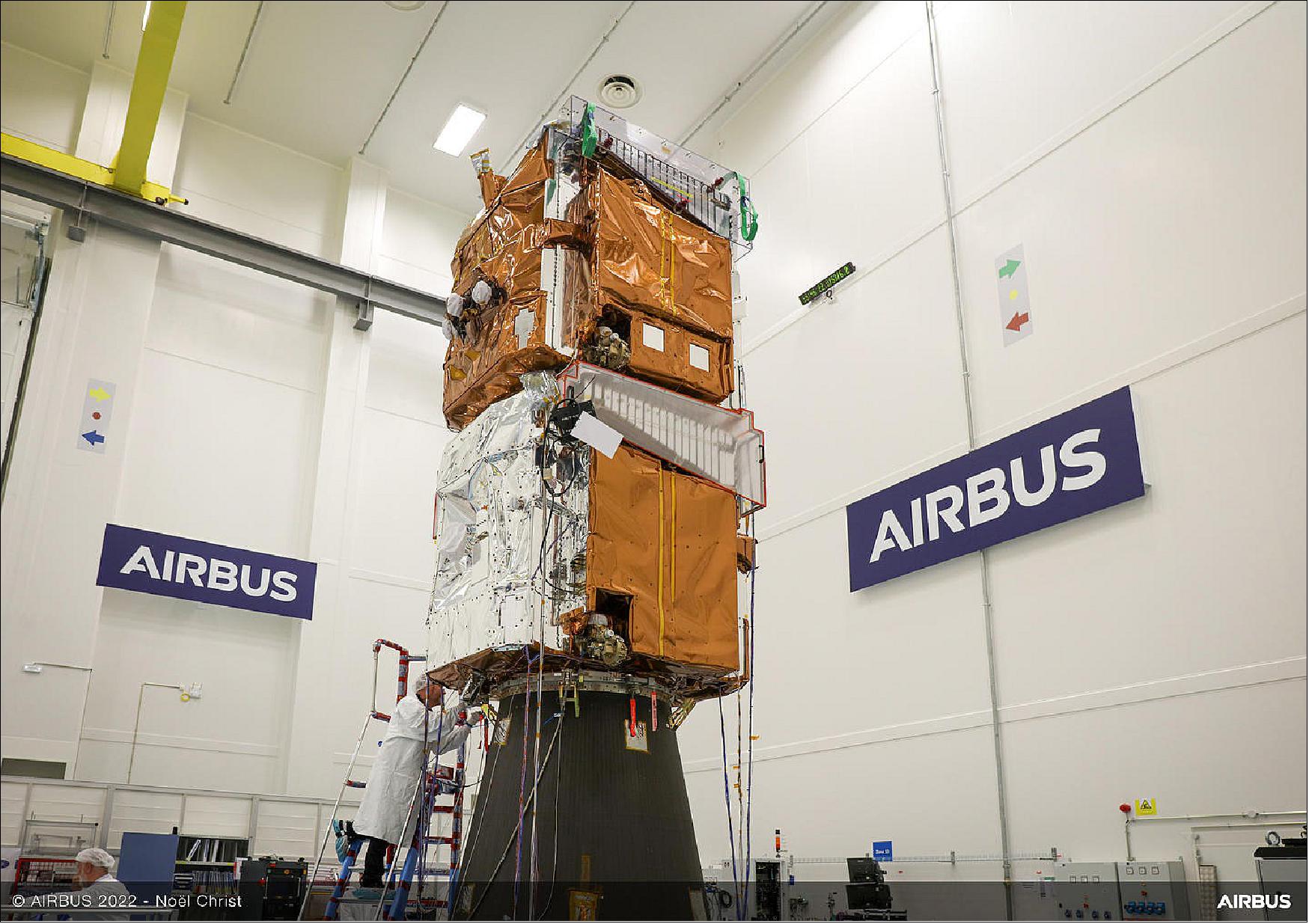 Figure 4: Both final Pléiades Neo satellites in their “self -stacked” configuration during mechanical tests. (image credit: Airbus)