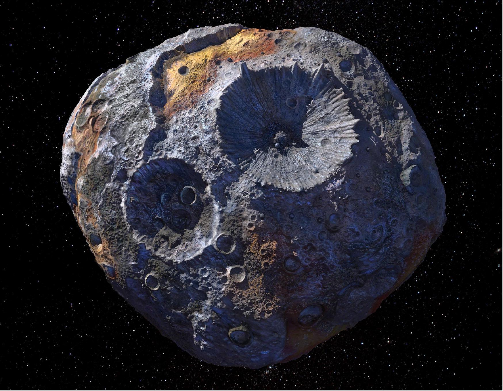 Figure 1: This artist's concept depicts the 140-mile-wide (226 km wide) asteroid Psyche, which lies in the main asteroid belt between Mars and Jupiter. Psyche is the focal point of NASA's mission of the same name. The Psyche spacecraft is set to launch in August 2022 and arrive at the asteroid in 2026, where it will orbit for 21 months and investigate its composition (image credit: NASA/JPL-Caltech, Peter Rubin) 4)