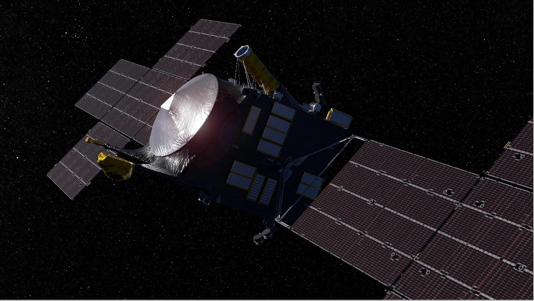 Figure 19: This artist's concept, updated as of June 2020, depicts NASA's Psyche spacecraft. Set to launch in August 2022, the Psyche mission will explore a metal-rich asteroid of the same name that lies in the main asteroid belt between Mars and Jupiter. The spacecraft will arrive in early 2026 and orbit the asteroid for nearly two years to investigate its composition (image credit: NASA/JPL-Caltech, Peter Rubin)