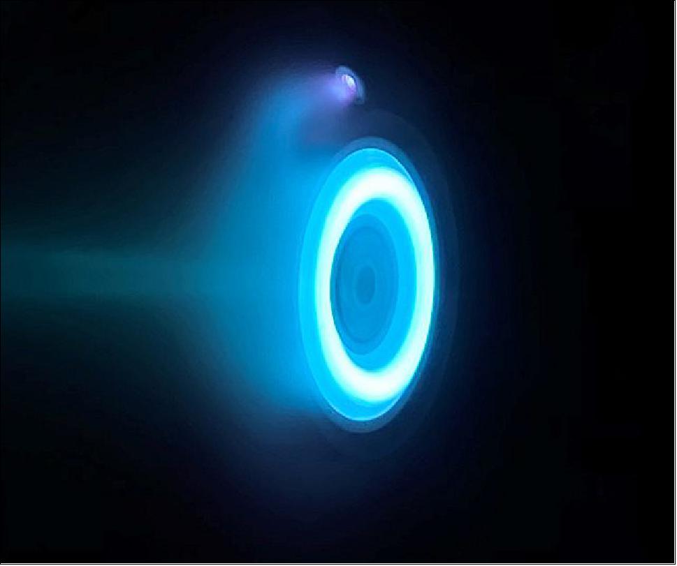 Figure 18: An electric Hall thruster, identical to those that will be used to propel NASA's Psyche spacecraft, undergoes testing at NASA's Jet Propulsion Laboratory. The blue glow is produced by the xenon propellant, a neutral gas used in car headlights and plasma TVs (image credit: NASA/JPL-Caltech)