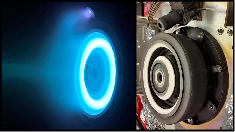 Figure 11: At left, xenon plasma emits a blue glow from an electric Hall thruster identical to those that will propel NASA's Psyche spacecraft to the main asteroid belt. On the right is a similar non-operating thruster (image credit: NASA/JPL-Caltech)