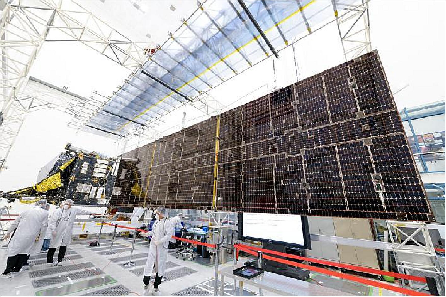 Figure 7: Engineers at NASA/JPL successfully deployed a solar array installed on the agency's Psyche spacecraft. It was one of two deployed during testing in the Lab's High Bay 2 clean room in late February 2022. The twin arrays are together about 75 m2 – the largest ever deployed at JPL. Part of a solar electric propulsion system provided by Maxar Technologies, they will power the spacecraft on its 1.5 billion-mile (2.4 billion km) journey to the large, metal-rich asteroid Psyche (image credit: NASA/JPL-Caltech)
