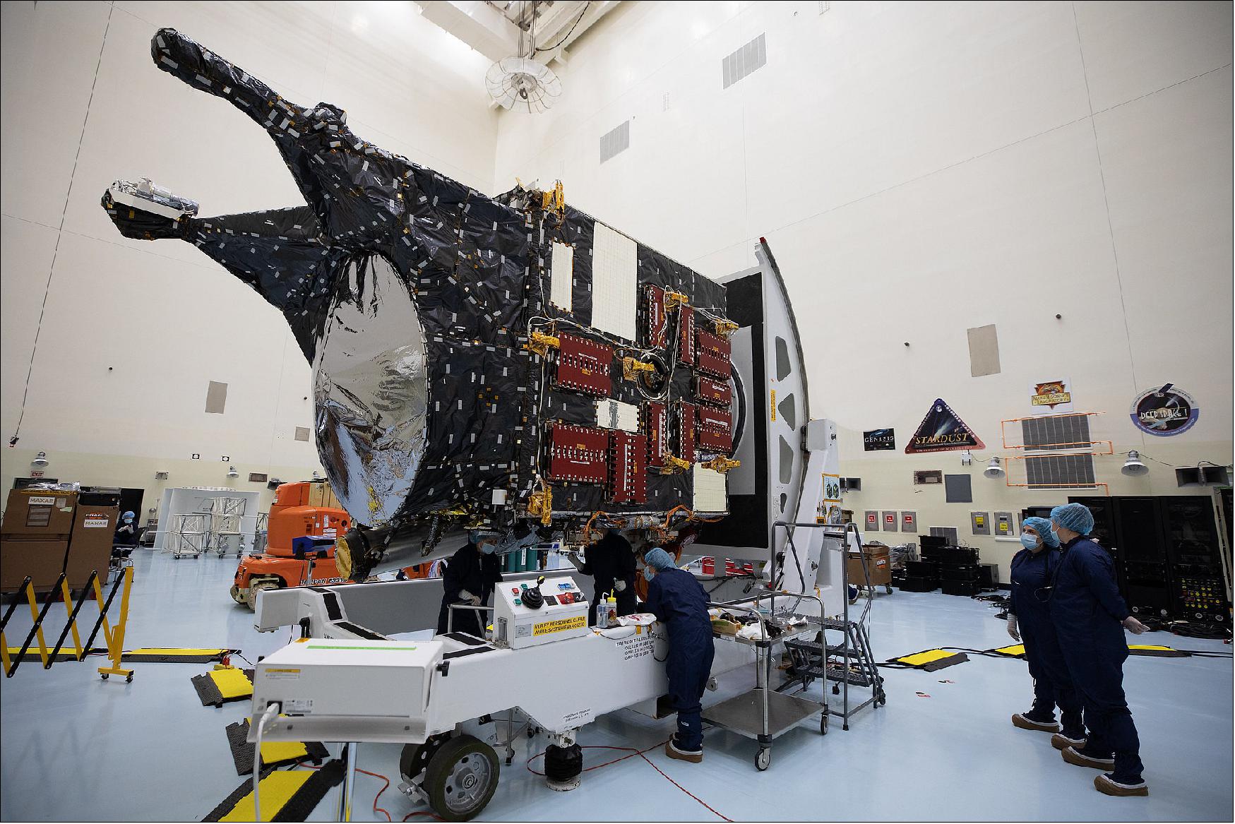 Figure 3: The Psyche spacecraft sits in the Payload Hazardous Servicing Facility at NASA’s Kennedy Space Center in Florida after traveling across the country from a clean room at the agency’s Jet Propulsion Laboratory in Southern California (image credit: NASA/Isaac Watson)