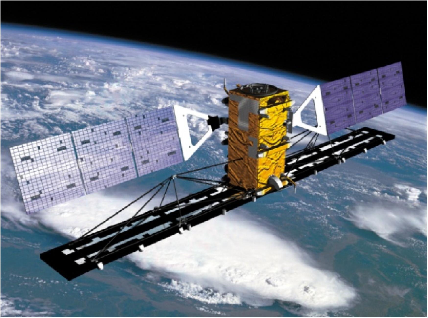 Figure 2: Artist's rendition of the RADARSAT-2 satellite in orbit (image credit: MDA)