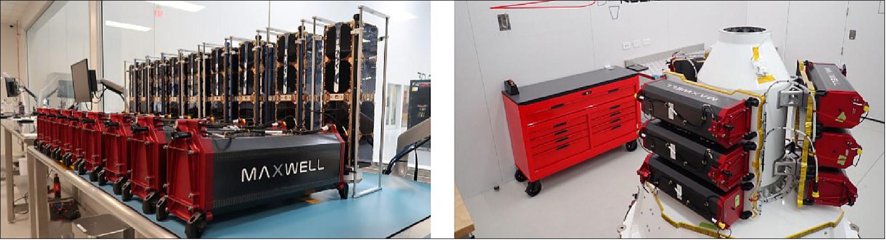 Figure 42: Left: Planet's SuperDoves ready for integration with the Rocket Lab Maxwell dispensers. Right: Planet's SuperDoves integrated with Rocket Lab's kickstage (image credit: Rocket Lab) 66)