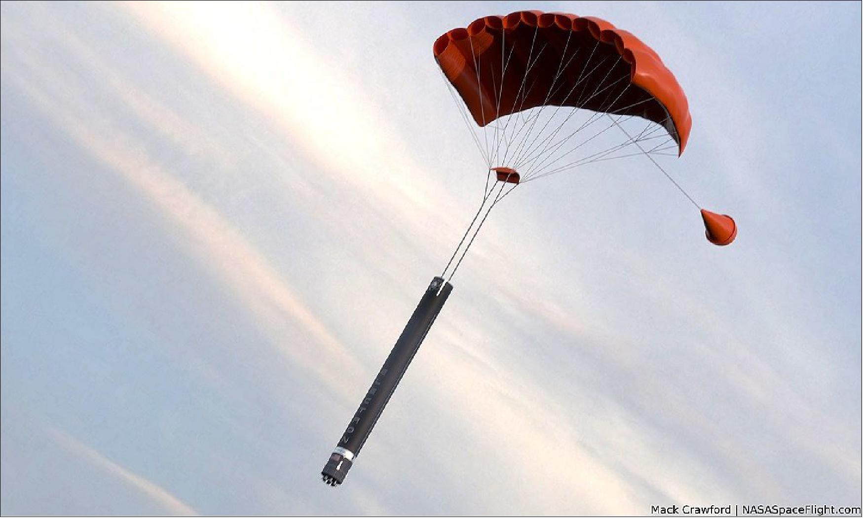 Figure 30: Rendering of Electron's first stage descending under the parachute (image credit: Mack Crawford for NSF/L2)