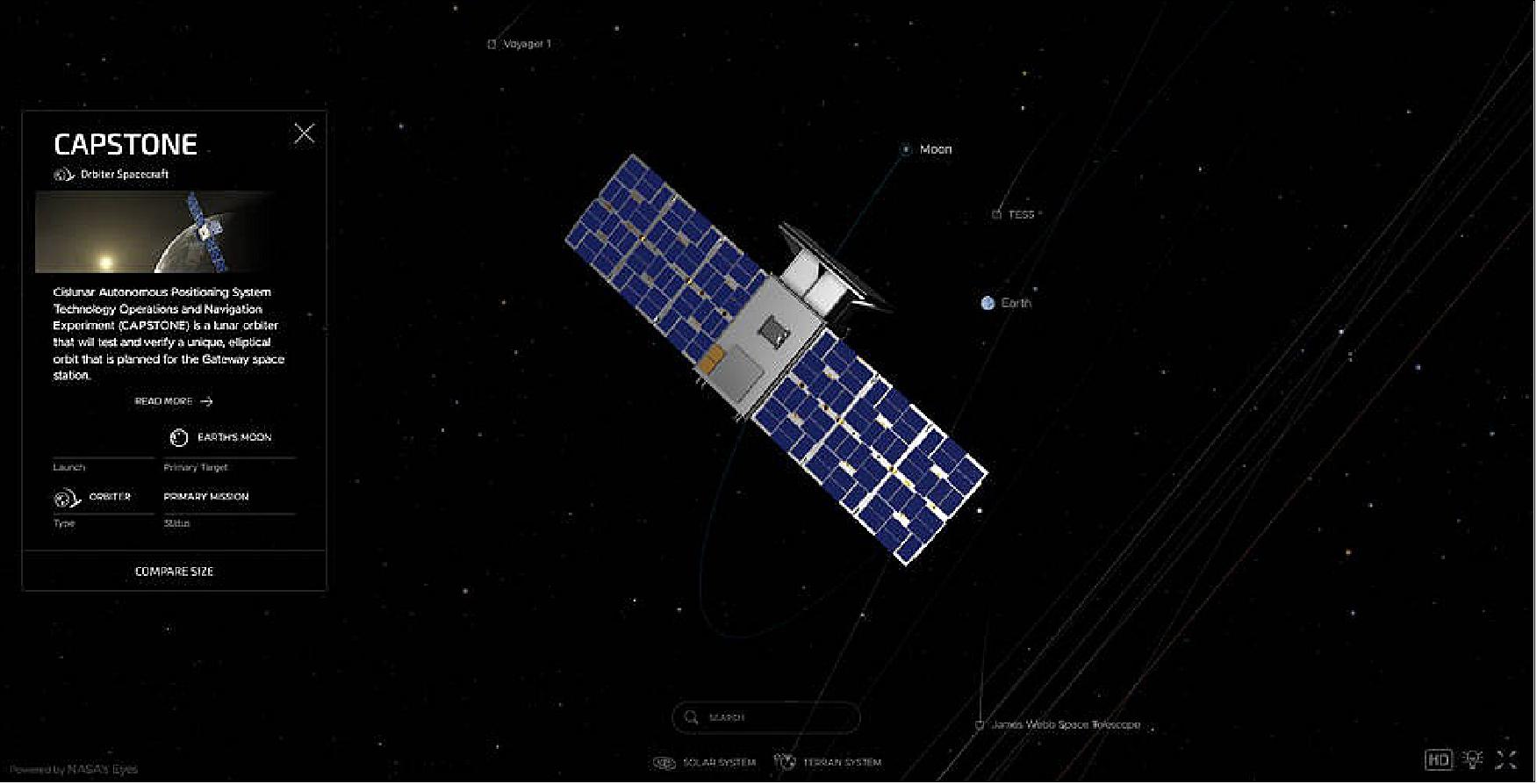 Figure 16: Preview of the CAPSTONE spacecraft in the NASA’s Eyes orrery – a digital model of the solar system – using NASA’s Eyes on the Solar System interactive real-time 3D data visualization. Keep your eye on NASA's social media channels for updates on when you can expect to see the CubeSat on its flight to the Moon in the visualization (image credit: NASA)