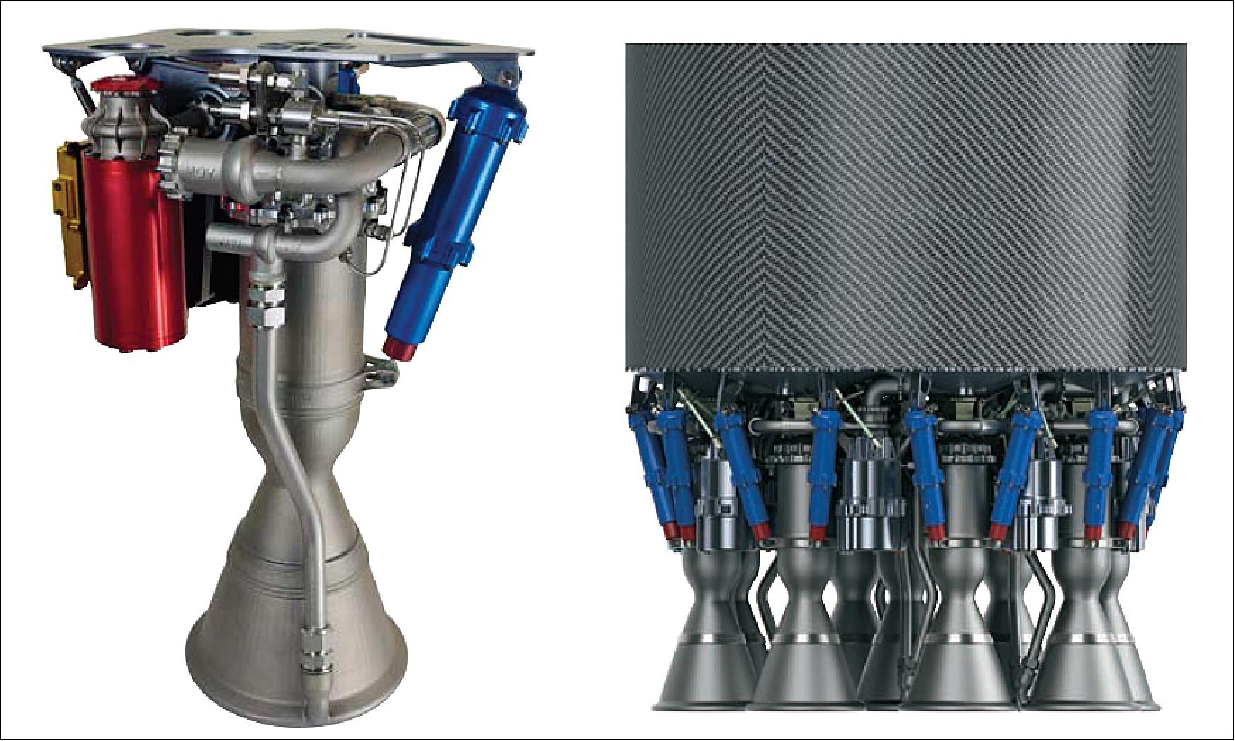 Figure 3: Left: Rutherford electro turbo-pumped engine. Right: Rutherford Stage 1 configuration with nine engines (image credit: Rocket Lab)