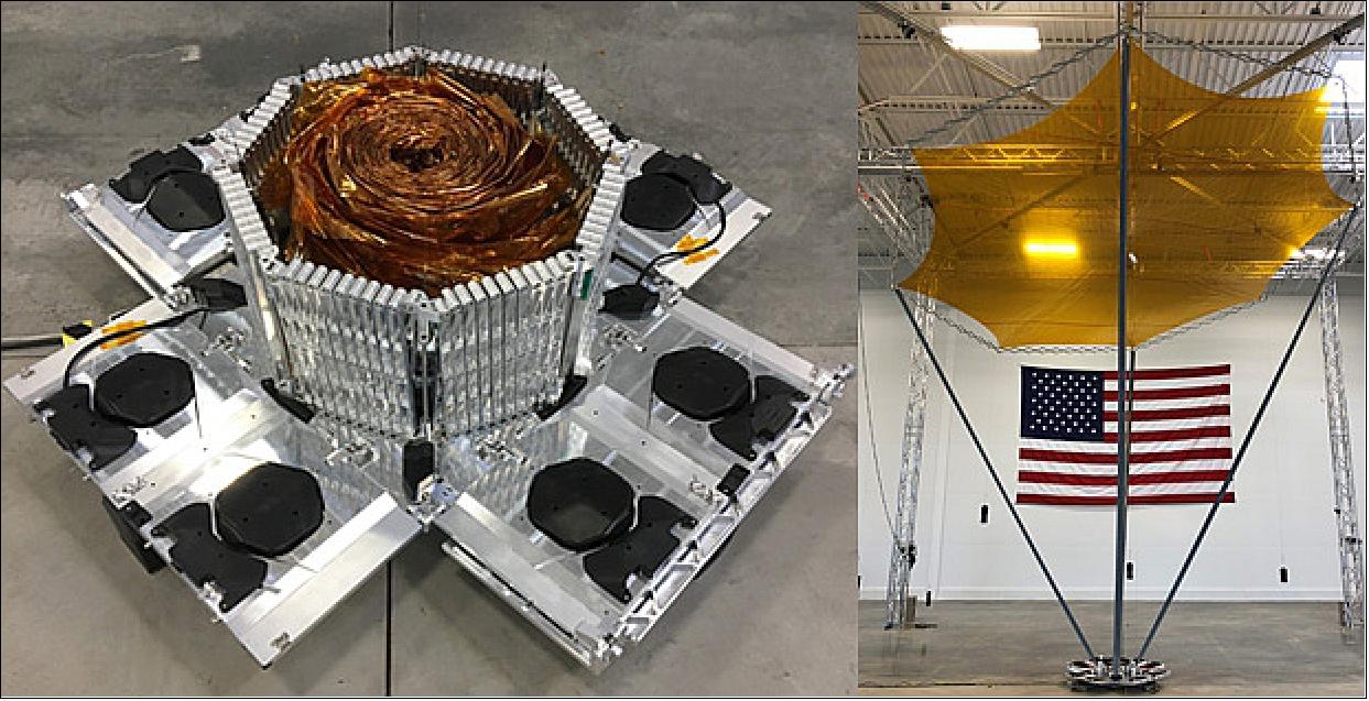 Figure 60: Left: The R3D2 minisatellite built by Northrop Grumman. Right: The antenna for the R3D2 spacecraft during deployment tests on the ground developed by MMA Design of Louisville CO (image credit: DARPA)