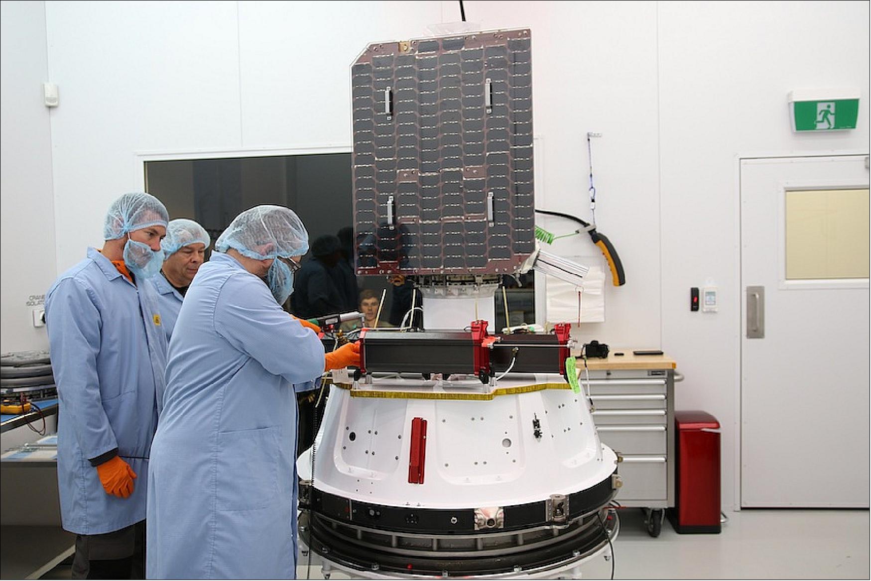 Figure 56: Photo of the Global-3 microsatellite of BlackSky (56 kg), the largest of the seven spacecraft, integrated to the kick stage (image credit: Rocket Lab)