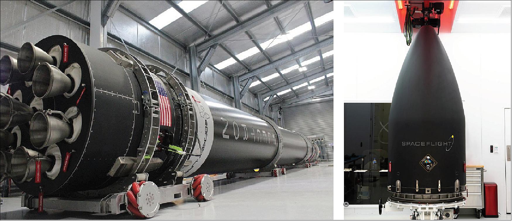 Figure 55: Left: Electron arrives at LC-1 in preparation for the Make it Rain mission. Right: Make it Rain Fairing (image credit: Rocket Lab, June 2019)