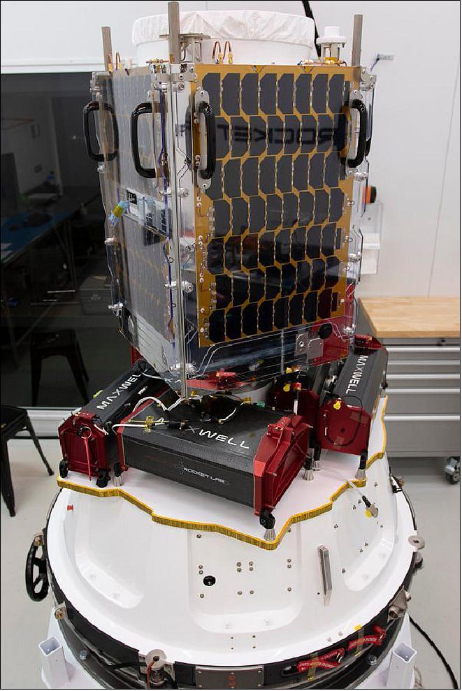 Figure 48: Photo of the CE-SAT-1B Earth-imaging satellite. Six smaller CubeSats (shown below the Ce-SAT-1B) were stowed inside Rocket Lab’s Maxwell deployers (image credit: Rocket Lab)