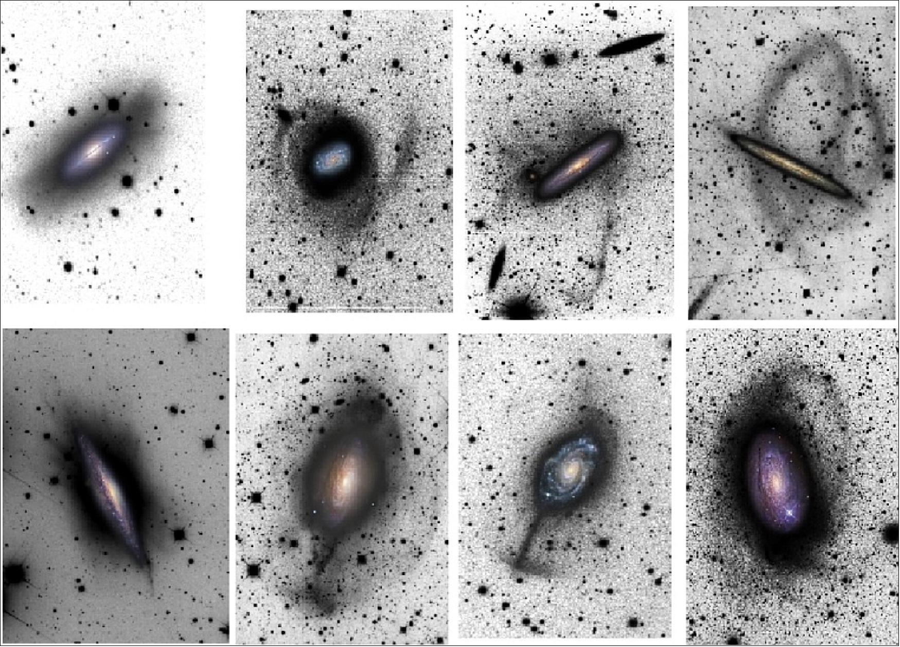 Figure 7: This series of images shows how astronomers find stellar streams by reversing the light and dark, similar to negative images. Color images of each of the nearby galaxies featured are included for context. Galaxies are surrounded by enormous halos of hot gas sprinkled with sporadic stars, seen as the shadowy regions that encase each galaxy here. Roman could improve on these observations by resolving individual stars to understand each stream’s stellar populations and see stellar streams of various sizes in even more galaxies [image credits: Carlin et al. (2016), based on images from Martínez-Delgado et al. (2008, 2010)]