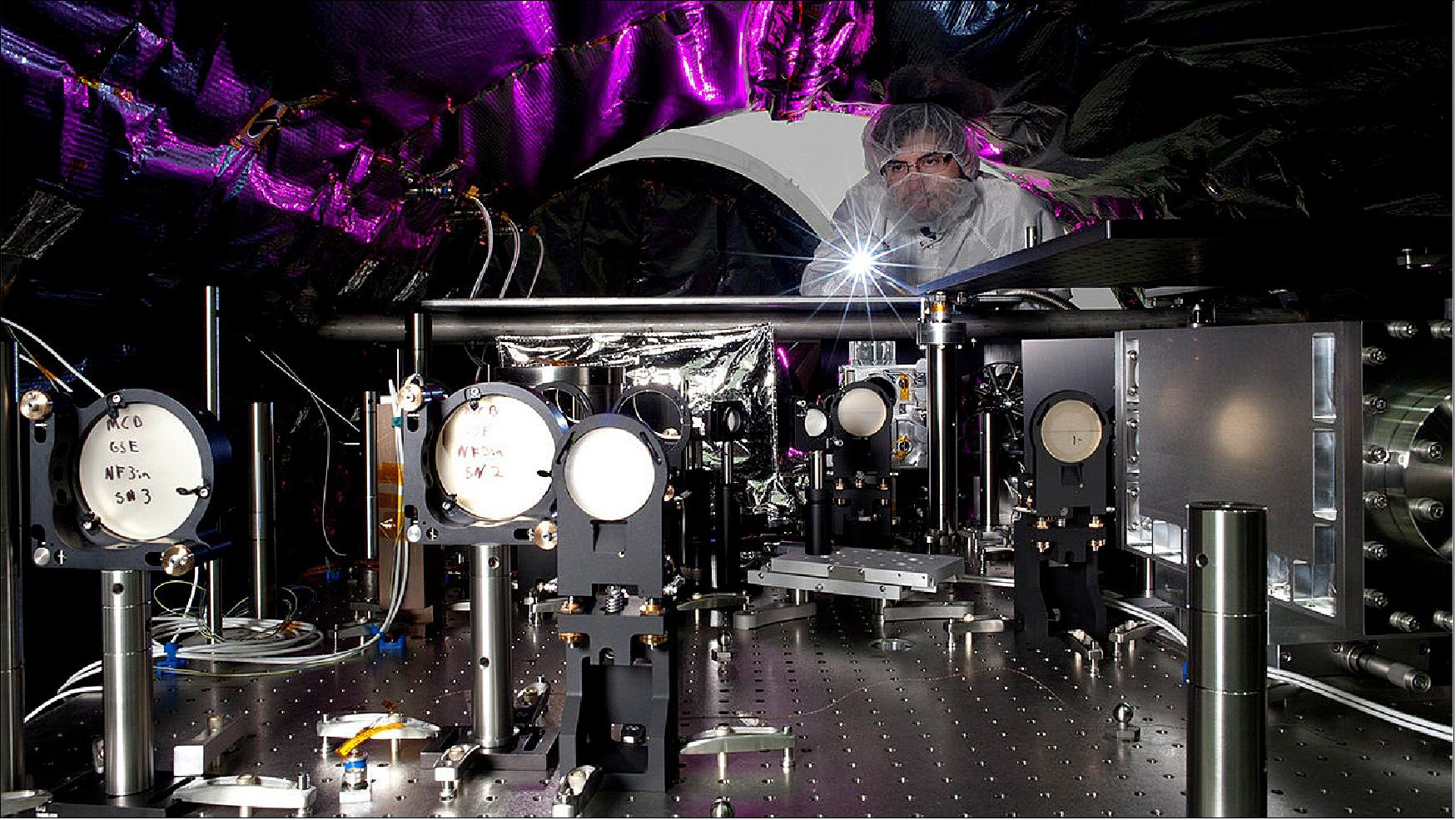 Figure 38: An optical engineer at NASA's Jet Propulsion Laboratory, in Pasadena, California, Camilo Mejia Prada, shines a light on the interior of a testbed for an instrument called a coronagraph that will fly aboard the WFIRST space telescope (image credit: NASA/JPL-Caltech/Matthew Luem)