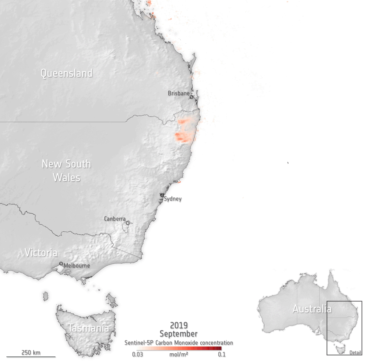 Figure 86: The animation shows increasing concentrations of carbon monoxide between September and December along Australia's southeast coast. - Carbon monoxide is commonly associated with traffic, but here we see the increase in atmospheric concentrations owing to the fires. Naturally, once in the air, it can cause problems for humans by reducing the amount of oxygen that can be transported in the bloodstream. - According to Australia's Bureau of Meteorology, 2019 was the country's warmest year on record. The fires are thought to be down to this specific weather phenomena and climate change (image credit: ESA)