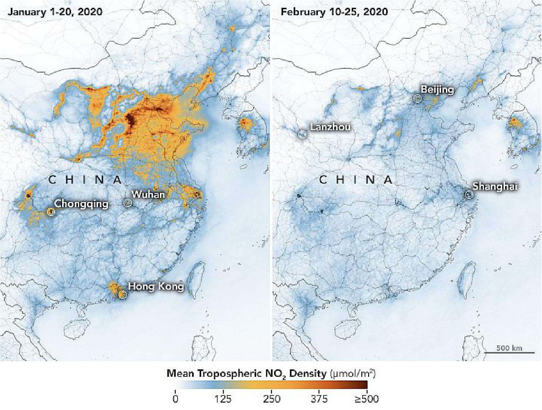 Figure 83: NO2 amounts have dropped with the coronavirus quarantine, Chinese New Year, and a related economic slowdown. These maps show concentrations of nitrogen dioxide, a noxious gas emitted by motor vehicles, power plants, and industrial facilities. The maps show NO2 values across China from January 1-20, 2020 (before the quarantine) and February 10-25 (during the quarantine). The data were collected by TROPOMI (Tropospheric Monitoring Instrument) on ESA's Sentinel-5 satellite. A related sensor, the Ozone Monitoring Instrument (OMI) on NASA's Aura satellite, has been making similar measurements (image credit: NASA Earth Observatory, images by Joshua Stevens, using modified Copernicus Sentinel 5P data processed by the European Space Agency. Story by Kasha Patel with assistance from NASA Aura and NASA SPoRT science teams)