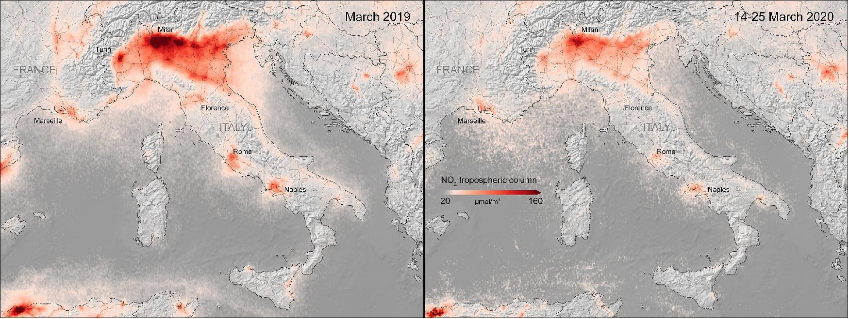 Figure 80: Nitrogen dioxide concentrations over Italy. These images, using data from the Copernicus Sentinel-5P satellite, show the average nitrogen dioxide concentrations from 14 to 25 March 2020, compared to the monthly average concentrations from 2019 (image credit: ESA, the images contain modified Copernicus Sentinel data (2019-20), processed by KNMI/ESA, CC BY-SA 3.0 IGO)