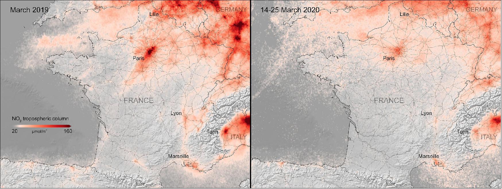 Figure 78: Nitrogen dioxide concentrations over France. These images, using data from the Copernicus Sentinel-5P satellite, show the average nitrogen dioxide concentrations from 14 to 25 March 2020 (right), compared to the monthly average concentrations from 2019 (left), image credit: ESA, the images contain modified Copernicus Sentinel data (2019-20), processed by KNMI/ESA, CC BY-SA 3.0 IGO