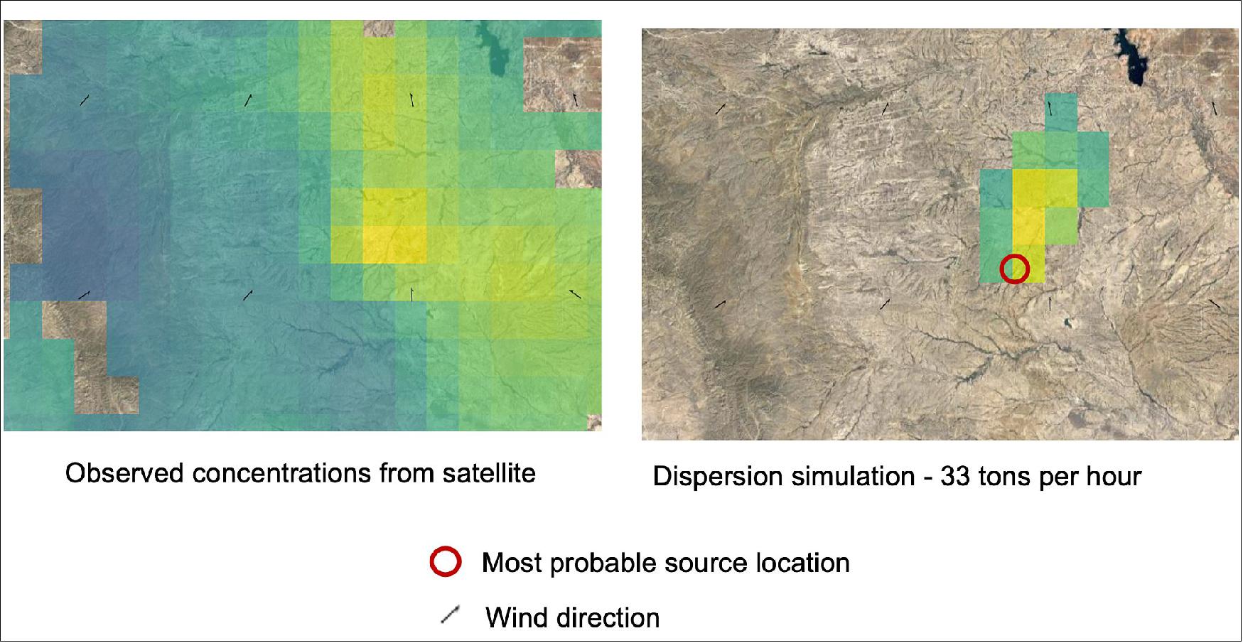 Figure 71: In December 2019, Kayrros detected a methane plume over the Permian Basin in the US using data from the Copernicus Sentinel-5P satellite. The Permian Basin is a shale play – an oil and gas region with a high density of wells – meaning there were hundreds of potential sources of the leak. Kayrros therefore used data from the Copernicus Sentinel-2 and Sentinel-1 missions to look into which wells had completed operations within three months of the leak – a factor that would significantly narrow down the potential suspects. The result was that only one operator was in this category. - The example of the Permian Basin shows how the use of the Copernicus Sentinel satellites, in combination with Kayrros's technology, can be used to narrow down the source of a methane leak. Whilst Sentinel-5P allowed the initial detection, it was only through the use of Sentinel-2 and Sentinel-1 that the final source could be identified (image credit: Kayrros)