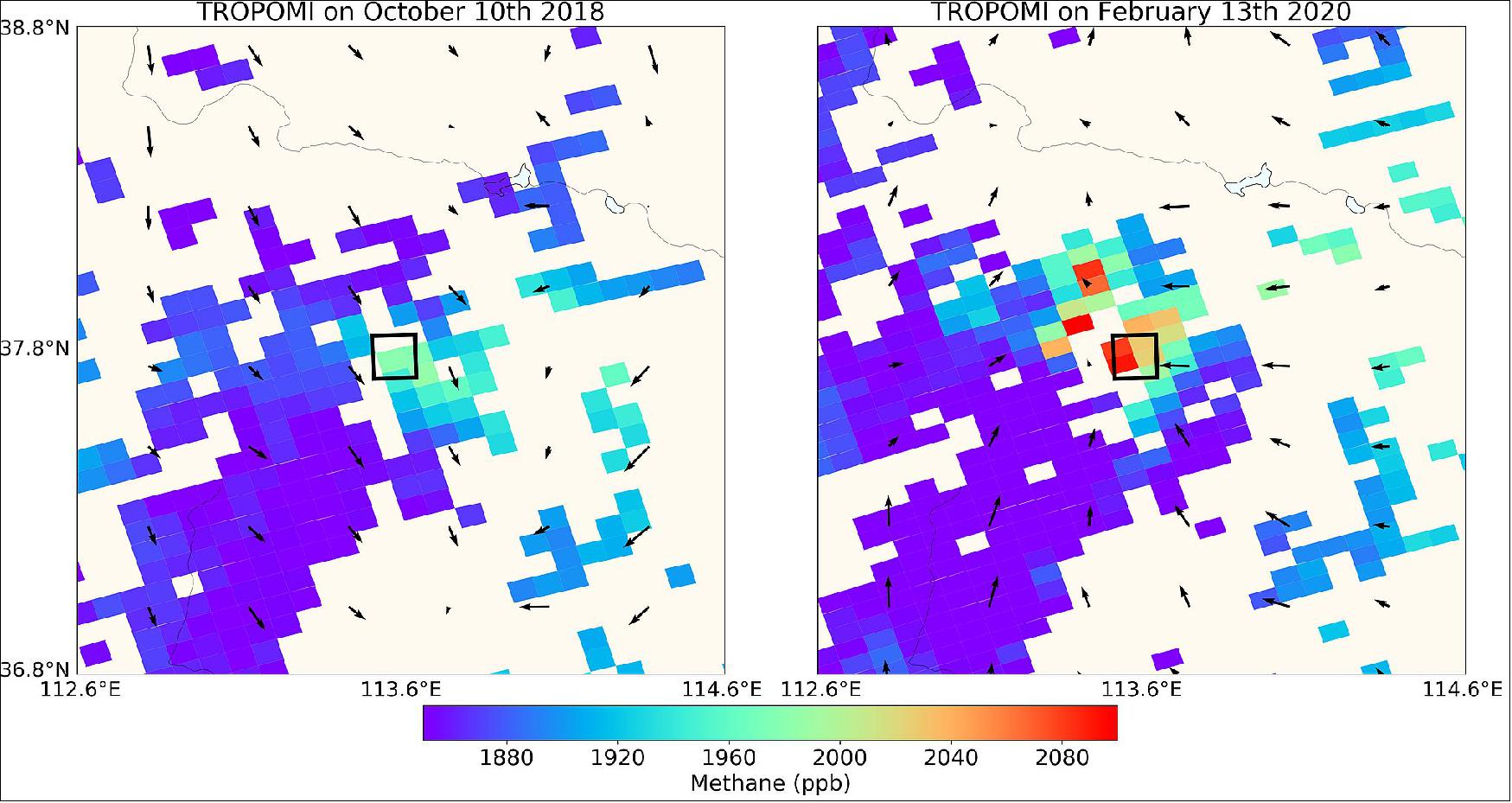 Figure 64: TROPOMI methane measurements over a coal mine in the Shanxi province, China. GHGSat have worked in close collaboration with the Sentinel-5P team at SRON Netherlands Institute for Space Research to investigate hotspots of methane emissions. The team uses data from the Copernicus Sentinel-5P satellite to detect emissions on a global scale, and then utilizes data from GHGSat satellites to quantify and attribute emission to specific facilities around the world. -This has led to several new hotspots being discovered including a coal mine in the Shanxi province, China (image credit: ESA, the image contains modified Copernicus Sentinel data (2018, 2020), processed by SRON)