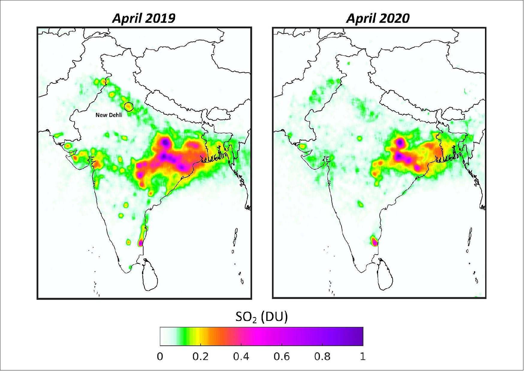 Figure 61: Based on measurements gathered by the Copernicus Sentinel-5P satellite, the map shows the averaged concentrations of sulphur dioxide over India from April 2019, compared to April 2020. The darker shades of red and purple depict greater concentrations of sulphur dioxide in the atmosphere. Sulphur dioxide mainly comes from industrial processes and causes many health-related problems (image credit: ESA, the image contains modified Copernicus data (2019-20), processed by BIRA-IASB)
