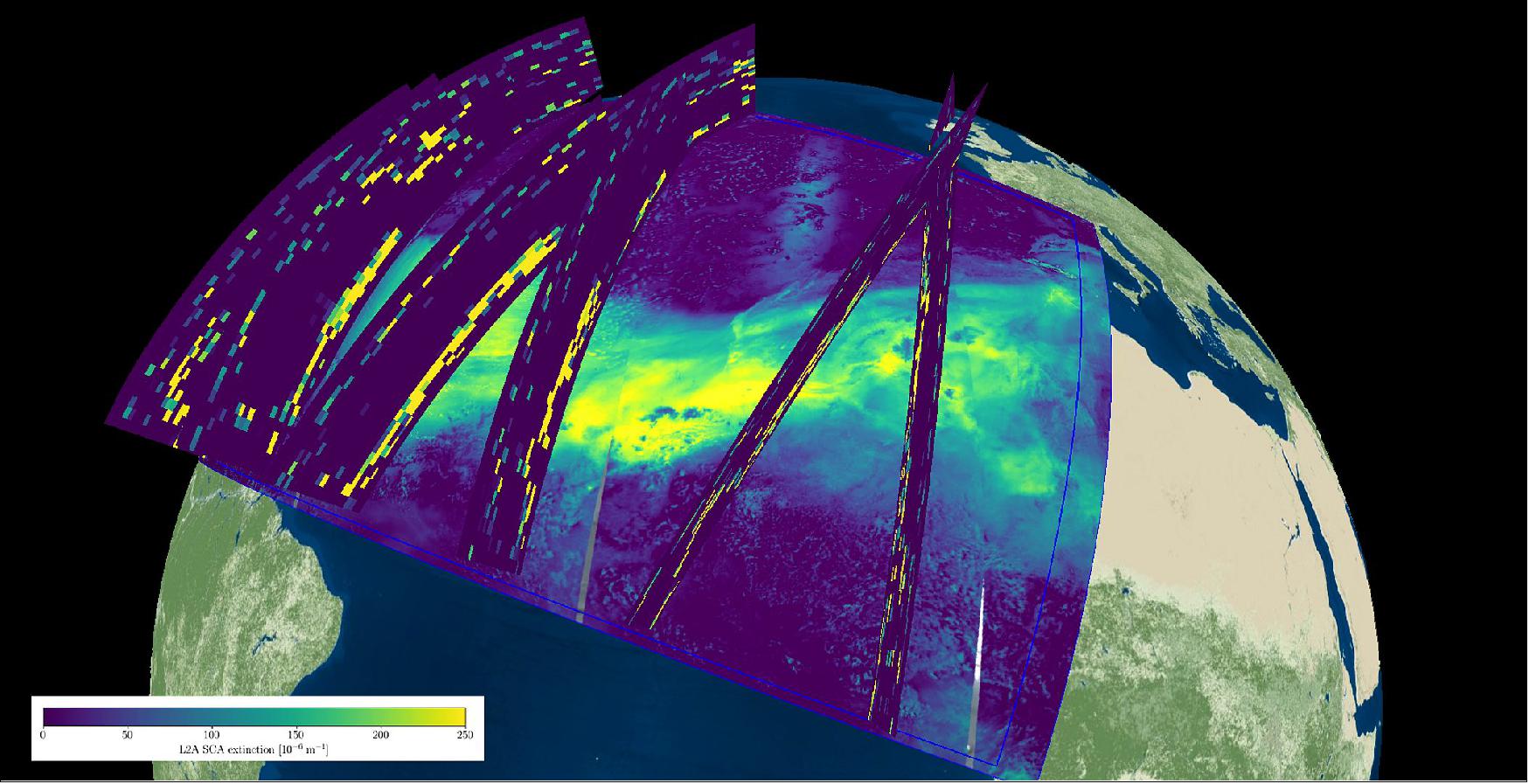 Figure 59: This composite image shows combined observations from the Aeolus satellite and the Copernicus Sentinel-5P satellite on 19 June 2020. The underlying Sentinel-5P aerosol index in florescent yellow and green, which indicates the extent of the elevated Saharan dust plume over the Atlantic, has been overlaid with information from Aeolus' aerosol and cloud data. In yellow, parts of the laser light are scattered and absorbed by the Saharan dust (image credit: ESA, the image contains Copernicus and Aeolus data (2020), visualized with VirES)