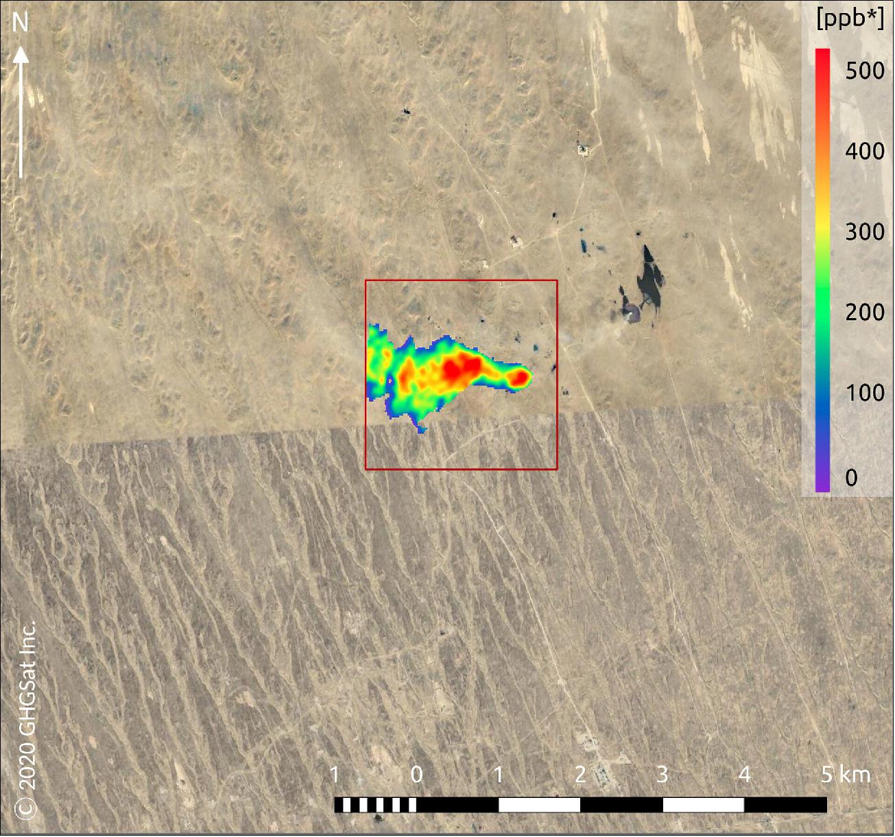 Figure 56: Methane plume from oil & gas infrastructure in the Caspian Sea region. Captured by GHGSat's Claire mission on 21 May 2020, this image shows methane emissions from an onshore oil & gas facility in the Caspian Sea Region. GHGSat is a New Space initiative that draws on Copernicus Sentinel-5P data for mapping methane hotspots. Its Claire satellite has now collected more than 60 000 methane measurements of industrial facilities around the world [image credit: GHGSat (background © 2020 Google map data)]