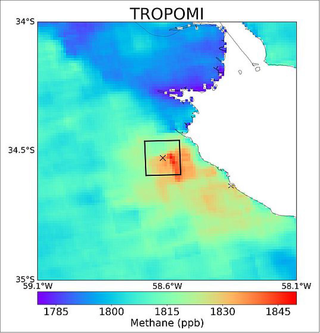 Figure 54: One year averaged methane concentrations over Buenos Aires observed by the TROPOMI instrument on Copernicus Sentinel-5P. The black square denotes the location for GHGSat to target. TROPOMI data are analyzed by SR ON Netherlands Institute for Space Research to guide GHGSat and other high-resolution instruments towards large methane emitters (image credit: ESA, the image contains Copernicus Sentinel data (2019–1920), processed by SRON)