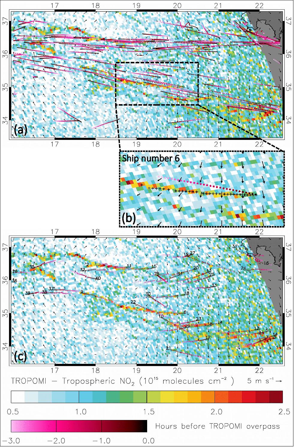 Figure 45: Nitrogen dioxide concentration patterns under sun glint conditions. For the first time, scientists, using data from the Copernicus Sentinel-5P satellite, are now able to detect nitrogen dioxide plumes from individual ships from space. The image shows the nitrogen dioxide patterns under sun glint viewing conditions, as well as 10-meter wind fields from the ECMWF operational model analyses, and AIS ship locations from the last three hours before, and up to, Sentinel-5P's overpass time. Dark magenta colors are used for the ship positions close to the satellite's overpass time and brighter magenta colors for earlier ship positions. -Image B is an example of the original AIS locations (dots) and the wind-shifted plume locations (crosses) of a ship (Ship 6) at the time of TROPOMI's overpass. - Image C is the same as Image A but for the projected wind-shifted plume locations of the 40 ships with a length larger than 200 m. The ships are numbered according to their nitrogen dioxide levels. Dark magenta colors are used for ship plumes emitted close to the satellite's overpass time and brighter magenta colors for earlier ship plumes (image credit: ESA, the image contains modified Copernicus Sentinel data (2018), processed by Georgoulias et al.)