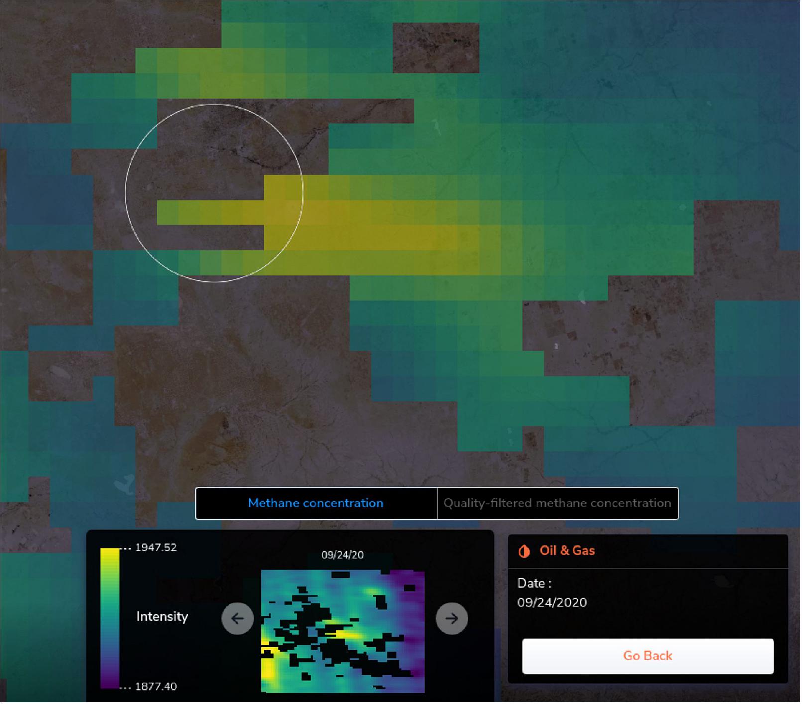 Figure 43: The image shows the methane cloud as detected by Copernicus Sentinel-5P on 24 September 2020 (image credit: ESA, the image contains modified Copernicus data (2020), processed by Kayrros)