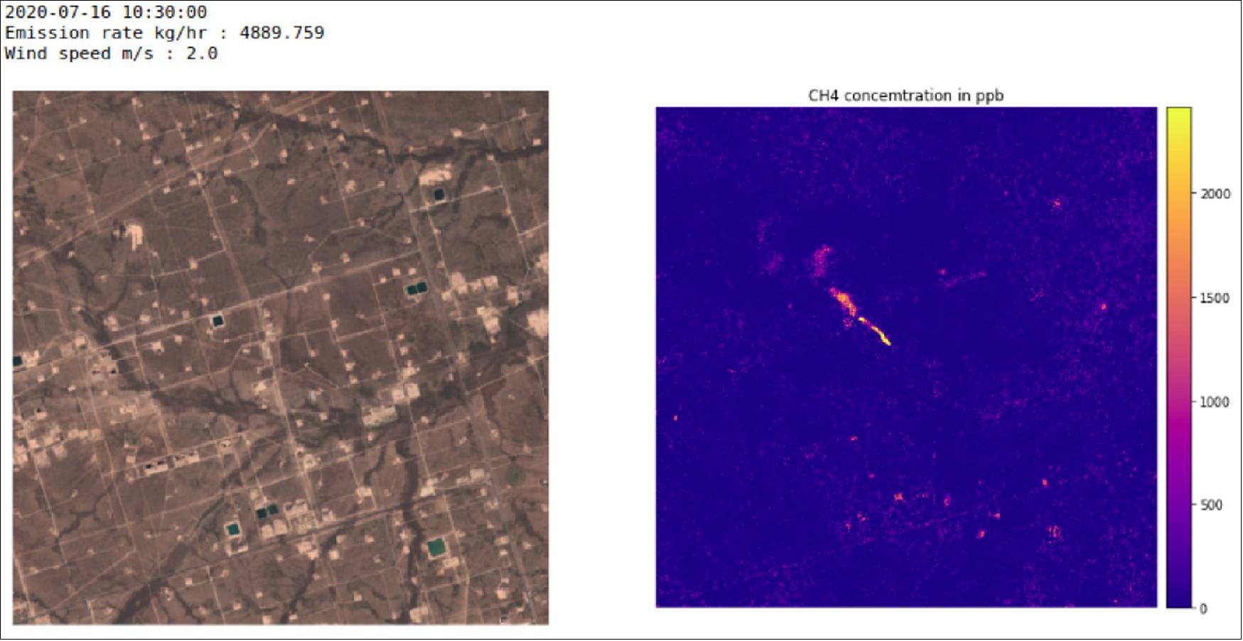 Figure 42: Methane hotspot detected with Copernicus Sentinel-2 imagery. The image shows the methane hotspot detected with Copernicus Sentinel-2 imagery. The image of the location is displayed on the left, while the corresponding methane enhancement image can be seen on the right. This clearly shows the methane plumes over the area (image credit: ESA, the image contains modified Copernicus data (2020), processed by Kayrros)
