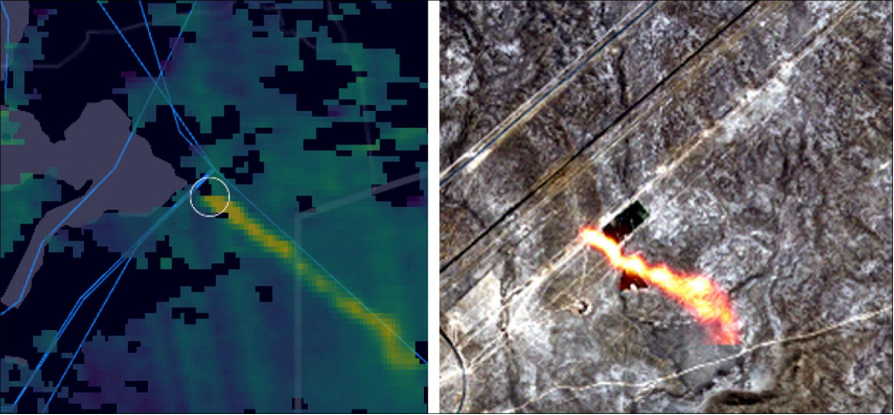 Figure 39: The images show methane hotspots over a gas pipeline in Kazakhstan detected by the Copernicus Sentinel-5P mission (left) and Copernicus Sentinel-2 mission (right), image credit: ESA, the images contain modified Copernicus data (2020), processed by Kayrros