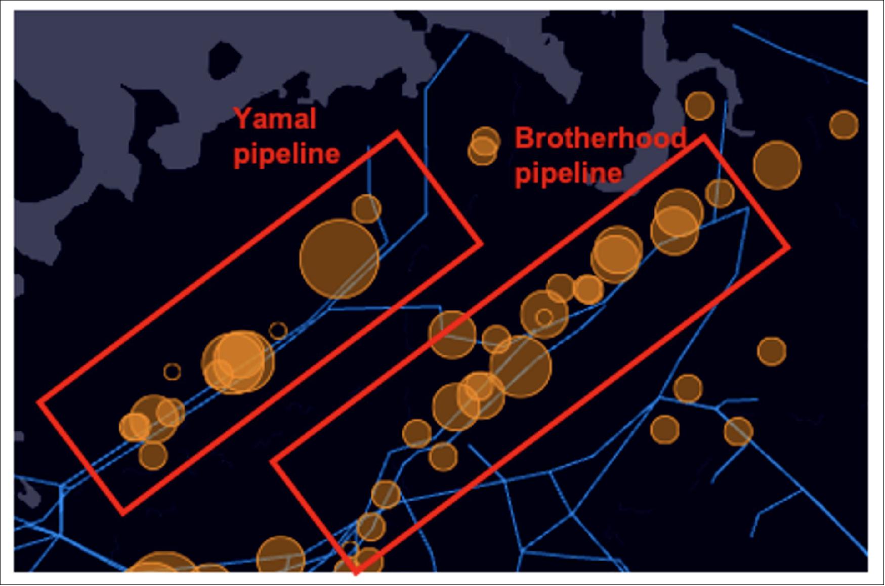 Figure 38: Emission hotspots detected around natural gas pipelines including the Yamal-Europe and ‘Brotherhood' pipelines (image credit: ESA, the image contains modified Copernicus data (2020), processed by Kayrros)