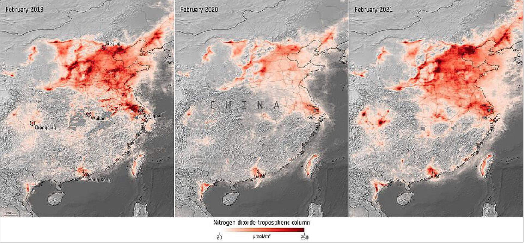 Figure 37: NO2 concentrations over China. These images, using data from the Copernicus Sentinel-5P satellite, show the monthly average NO2 concentrations over China in February 2019, February 2020 and February 2021 (image credit: ESA, the image contains modified Copernicus Sentinel data (2019-21), processed by ESA, CC BY-SA 3.0 IGO)