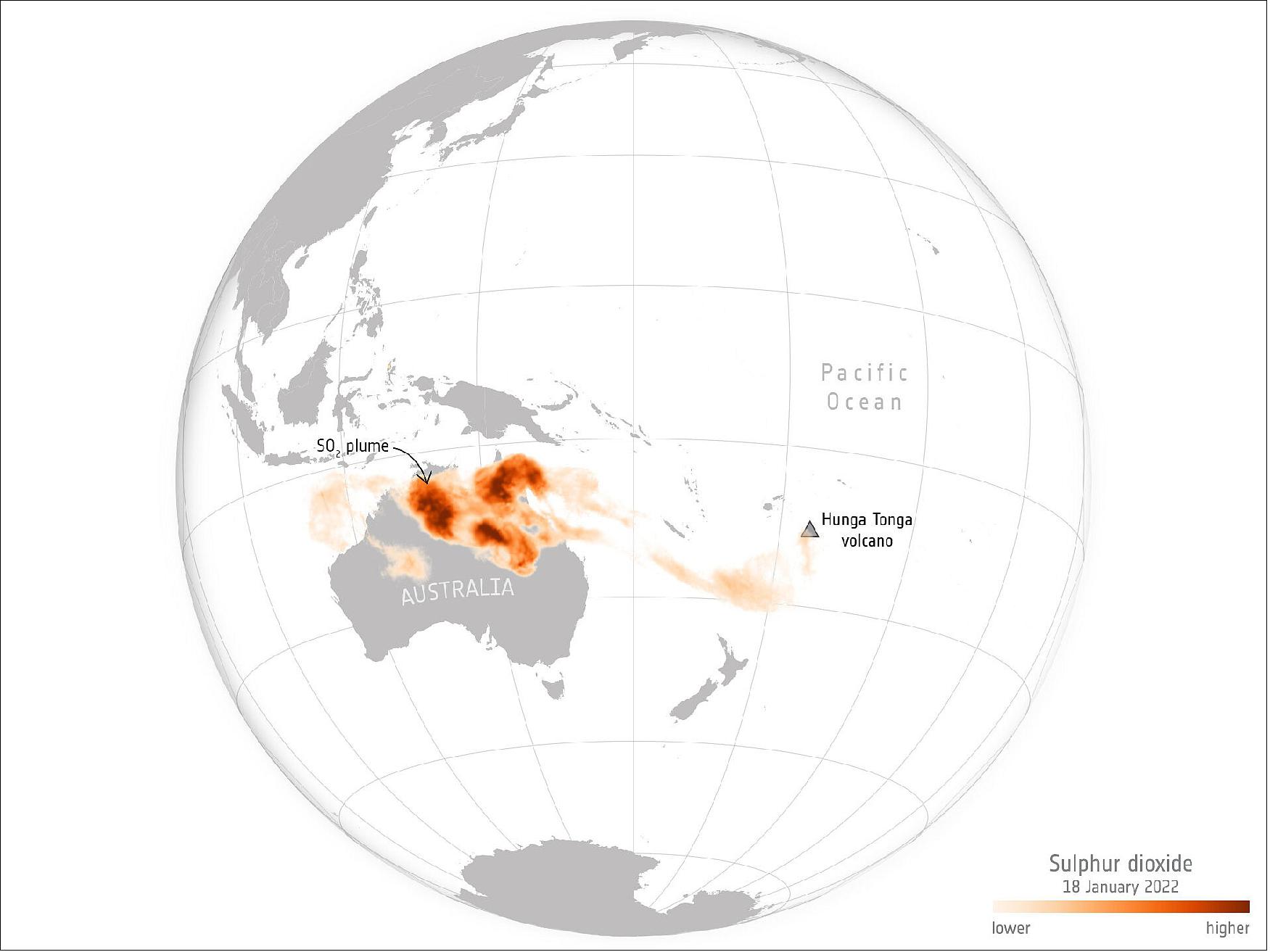 Figure 27: Sulphur dioxide from Tonga eruption spreads over Australia on 18 January 2022, more than 7000 km west of the eruption (image credit: ESA, the image contains modified Copernicus Sentinel data (2022), processed by ESA, CC BY-SA 3.0 IGO)