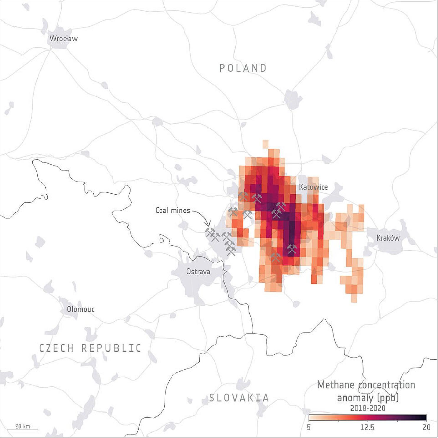 Figure 26: This map shows the averaged methane concentration anomalies detected by the TROPOMI instrument on the Copernicus Sentinel-5P satellite from 2018-2020 over southern Poland. The pickaxes indicate the positions of the largest underground coal mines (image credit: ESA, the image contains modified Copernicus Sentinel data (2018-20), processed by the University of Leicester)