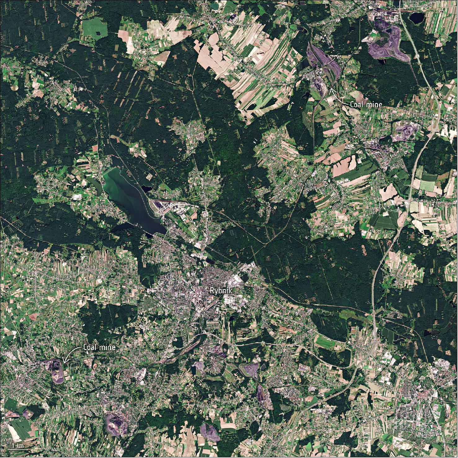 Figure 25: This Copernicus Sentinel-2 image shows us Rybnik, located southwest of Katowice, with several coal mines visible in the nearby surroundings (image credit: ESA, this image contains modified Copernicus Sentinel data (2021), data processed by ESA, CC BY-SA 3.0 IGO)