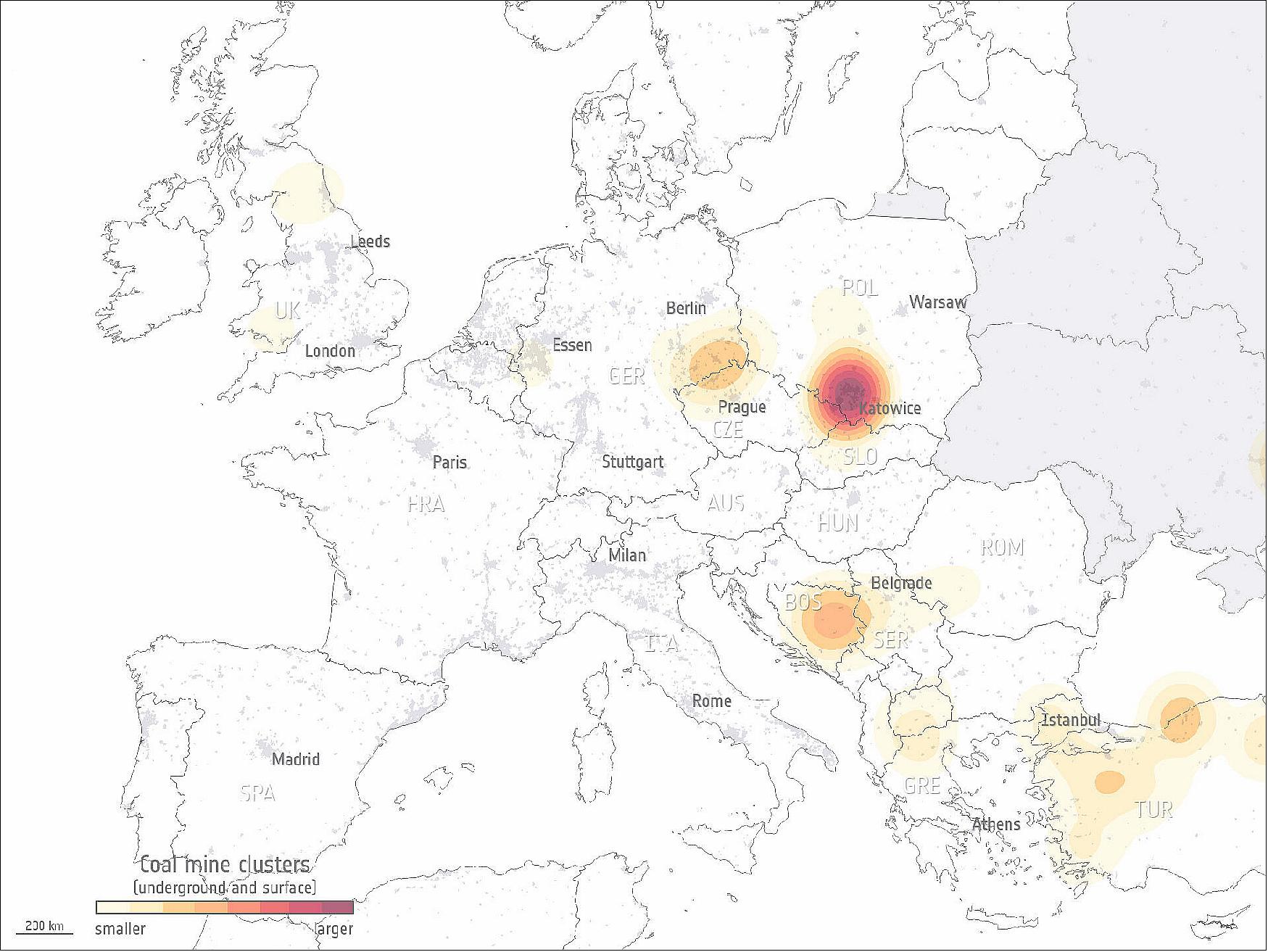 Figure 24: Coal mine clusters. This map shows the clusters of both underground and surface coal mines in Europe. The darker the red, the more coal mines there are in the area. The map uses data from the Global Coal Mine Tracker – a worldwide dataset of coal mines. The data includes operating mines producing one million tonnes per year or more, as well as smaller mines [image credit: ESA (Data source: 'Global Coal Mine Tracker', Global Energy Monitor, January 2022)]