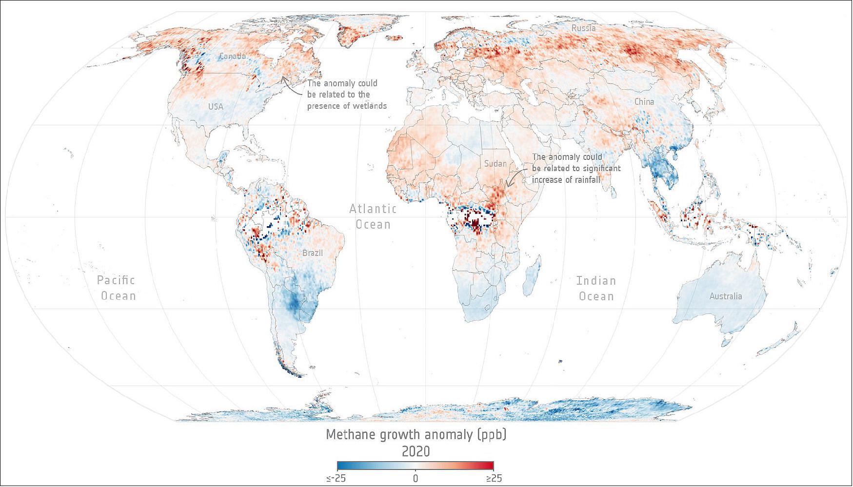 Figure 18: Methane growth anomaly. his global map shows the annual increase of methane emissions relative to the global mean annual increase and has been created using data from the Copernicus Sentinel-5P satellite (image credit: ESA, the image contains modified Copernicus Sentinel data (2020), processed by ESA, CC BY-SA 3.0 IGO)