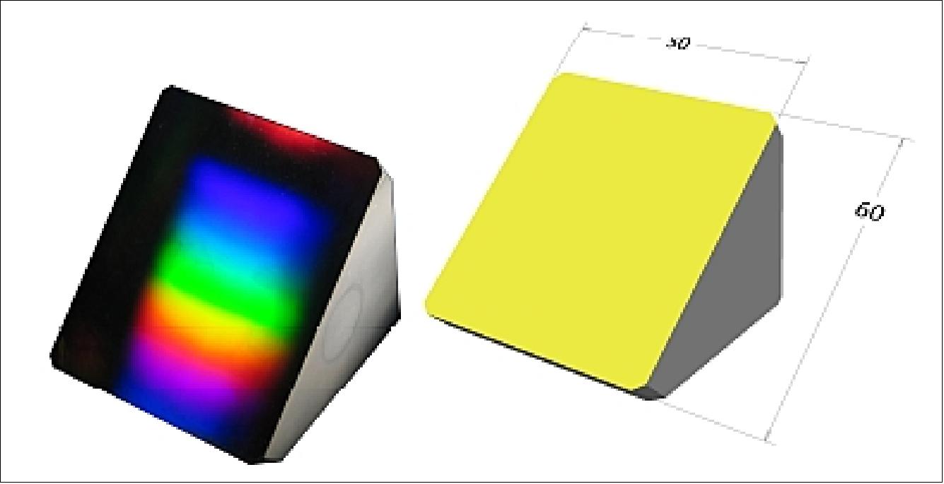 Figure 103: Photo of the monolithical immersed grating (left), drawing of the grating prism (right), image credit: SRON, TNO)