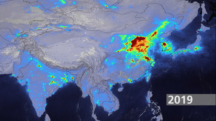 Figure 68: Comparison of nitrogen dioxide emissions over Asia between 2019 and 2020 [image credit: DLR (CC-BY 3.0)]