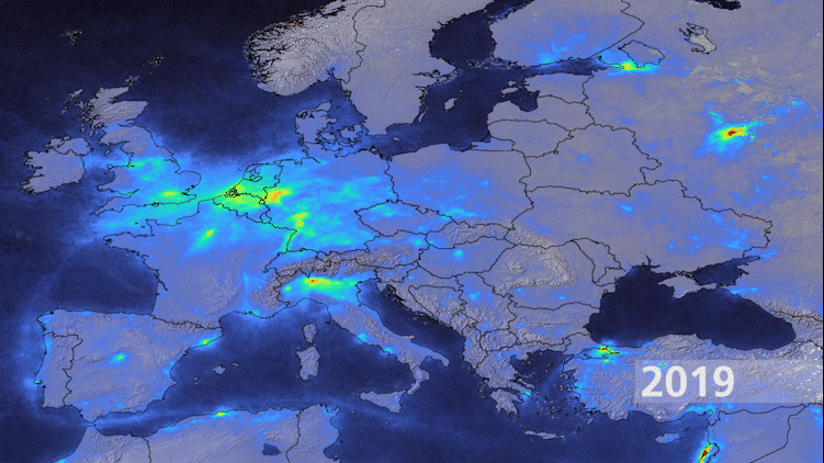 Figure 67: Comparison of nitrogen dioxide emissions over Europe between March/April 2019 and 2020 [image credit: DLR (CC-BY 3.0)]