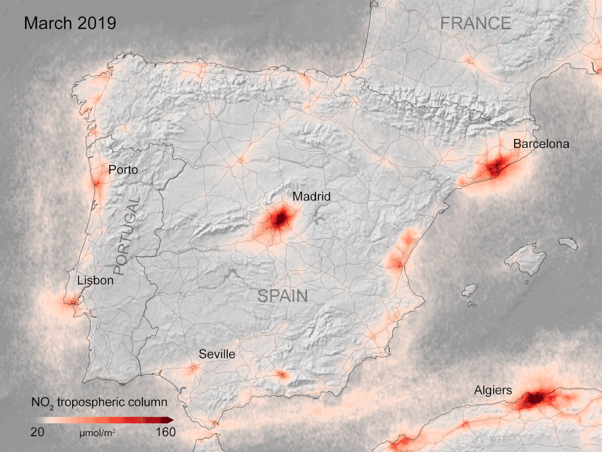 Figure 79: Nitrogen dioxide concentrations over Spain. This image, using data from the Copernicus Sentinel-5P satellite, shows the average nitrogen dioxide concentrations from 14 to 25 March 2020, compared to the monthly average concentrations from 2019 (image credit: ESA, the image contains modified Copernicus Sentinel data (2019-20), processed by KNMI/ESA)