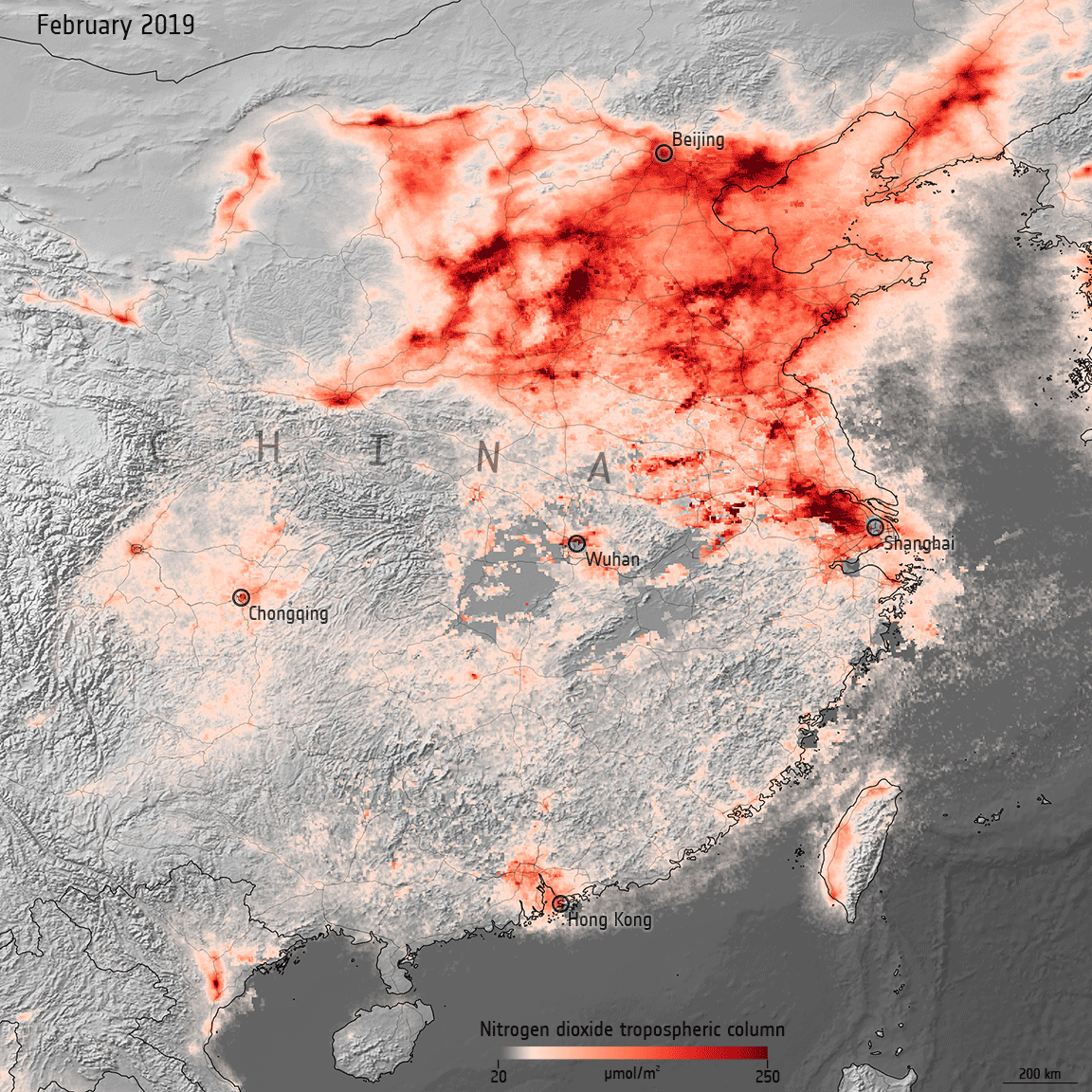 Figure 36: This animation uses data from the Copernicus Sentinel-5P satellite to show the monthly average nitrogen dioxide concentrations over China in February 2019, February 2020 and February 2021. In early 2020, data from satellites were used to show a decline in air pollution over China coinciding with nationwide lockdowns put in place to stop the spread of COVID-19. One year later, nitrogen dioxide levels in China have risen back to pre-COVID levels according to new data from the Copernicus Sentinel-5P satellite (image credit: ESA, the image contains modified Copernicus Sentinel data (2019-21), processed by ESA, CC BY-SA 3.0 IGO)